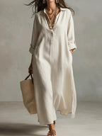 Women's casual linen shirt dress with long sleeves and relaxed fit by FitiqueFit, perfect for comfortable everyday wear.