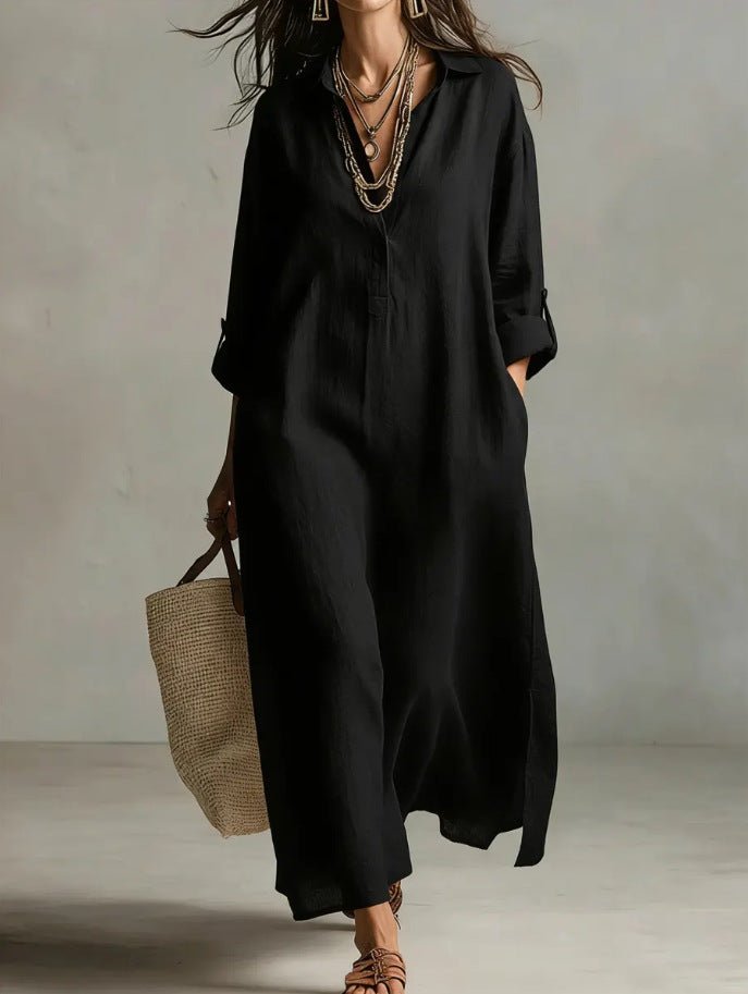 Women's relaxed-fit linen shirt dress by FitiqueFit, long-sleeve casualwear with a comfortable, breezy style for everyday wear.