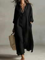 Women's relaxed-fit linen shirt dress by FitiqueFit, long-sleeve casualwear with a comfortable, breezy style for everyday wear.