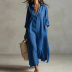 Women's casual long-sleeve linen shirt dress by FitiqueFit, featuring a relaxed fit and lightweight, breathable fabric.