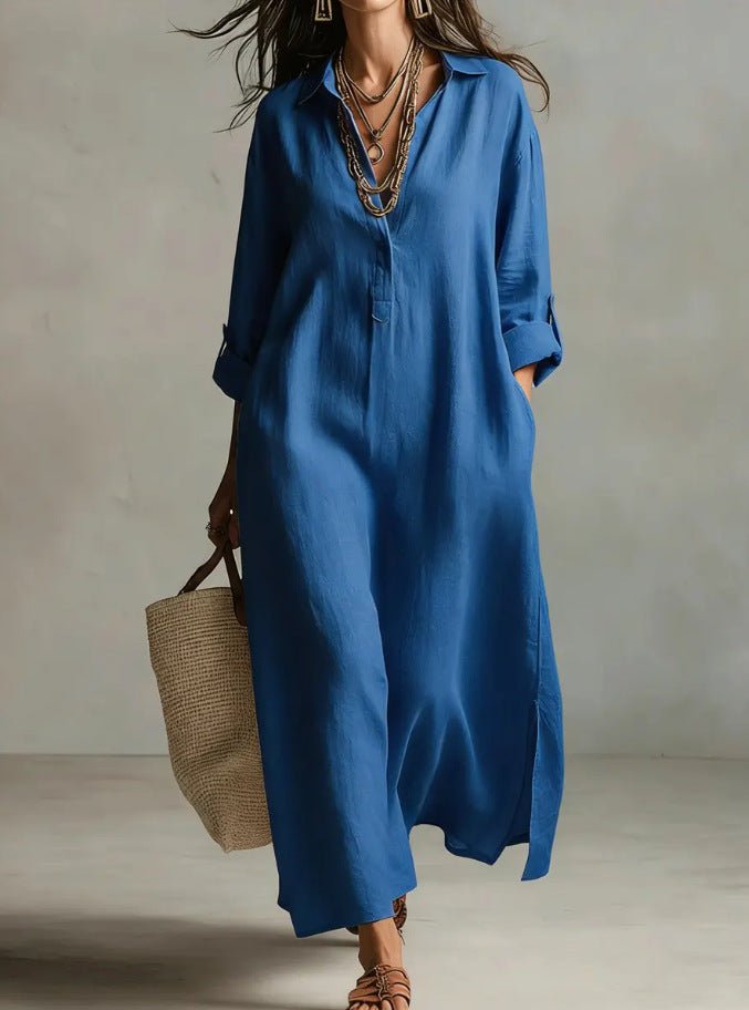 Women's casual linen shirt dress with long sleeves and relaxed fit, by FitiqueFit, shown on a model in a natural outdoor setting.
