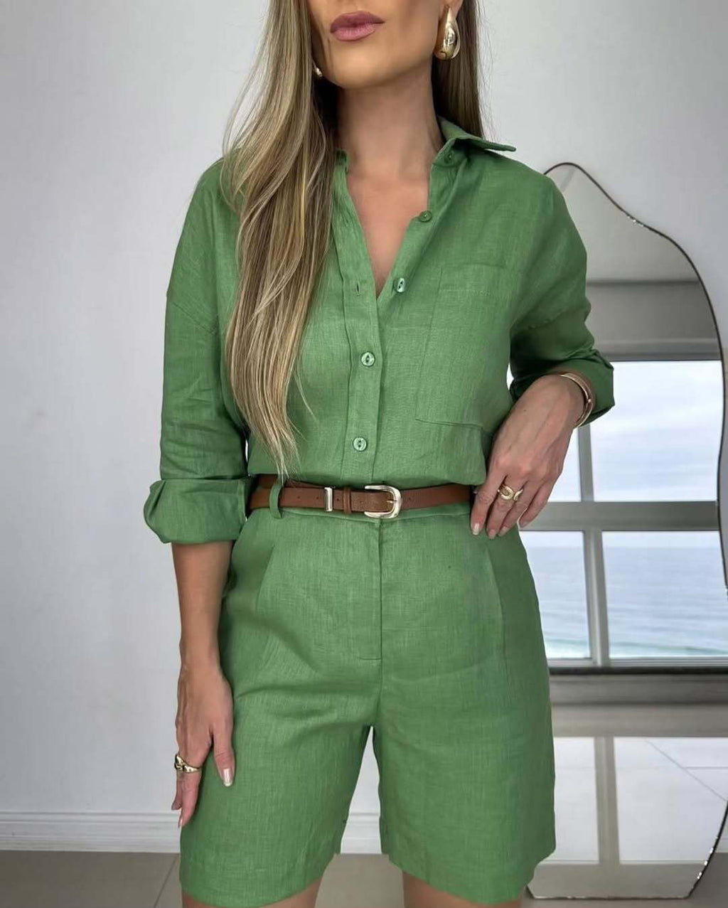 Women's casual long-sleeve shirt and shorts set by FitiqueFit, made of soft cotton, featuring a relaxed fit and comfortable style.