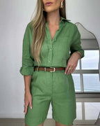 Women's casual long-sleeve shirt and shorts set by FitiqueFit, made of soft cotton, featuring a relaxed fit and comfortable style.