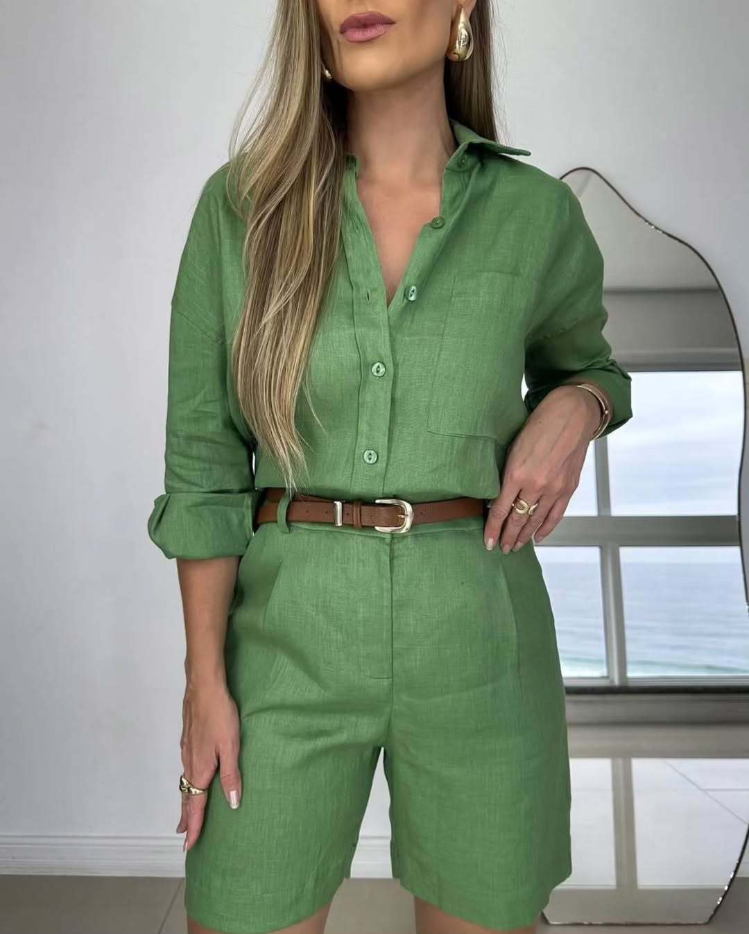 Women's casual long-sleeve shirt and shorts set by FitiqueFit, made of soft cotton, featuring a relaxed fit and comfortable style.