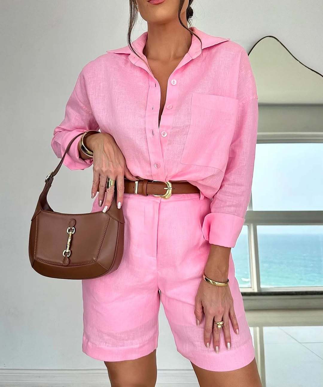 Women's casual cotton long-sleeve shirt and shorts set by FitiqueFit, featuring a relaxed style perfect for everyday wear.