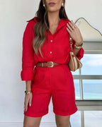 Women's casual cotton long-sleeve shirt and shorts set by FitiqueFit, featuring a relaxed fit and comfortable 2-piece design.