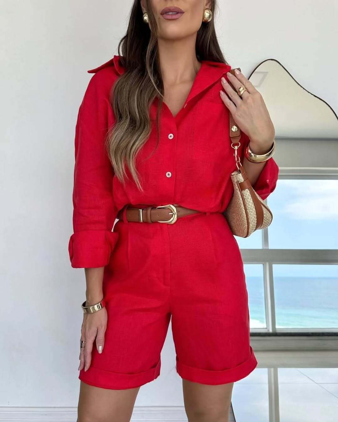 Women's casual cotton long-sleeve shirt and shorts set by FitiqueFit, featuring a relaxed fit and comfortable 2-piece design.