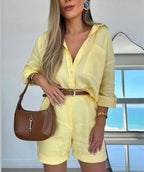 Women's cotton casual long-sleeve shirt and shorts set by FitiqueFit, featuring a relaxed fit and comfortable fabric.