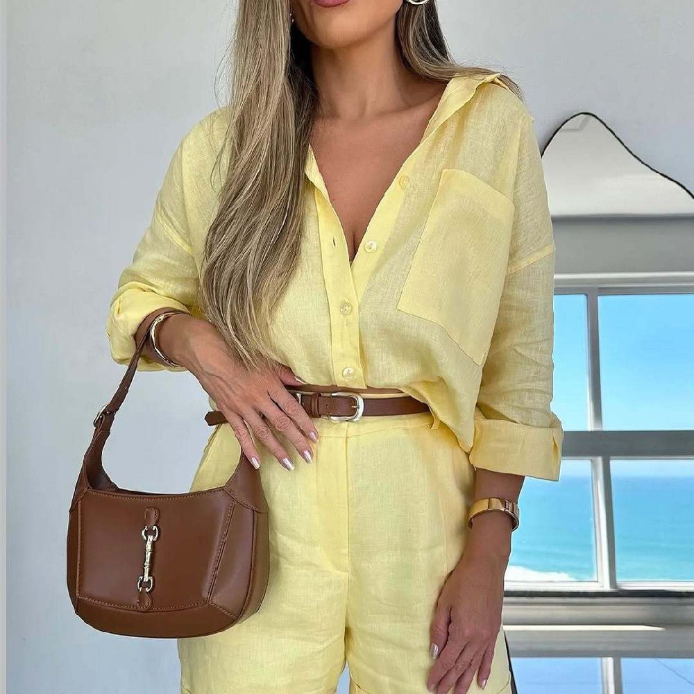 Women's casual cotton long-sleeve shirt and shorts set by FitiqueFit, featuring a relaxed fit and comfortable 2-piece design.