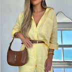 Women's casual cotton long-sleeve shirt and shorts set by FitiqueFit, featuring a relaxed fit and comfortable 2-piece design.