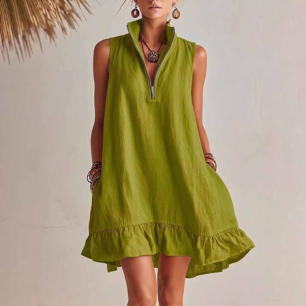 Women's casual loose fit sleeveless dress with half-zip front and ruffle hem by FitiqueFit, shown in a relaxed, stylish design.