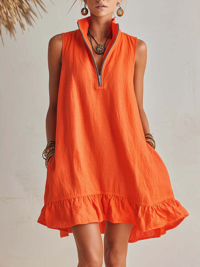 Women's casual loose half-zip sleeveless dress with ruffle hem by FitiqueFit, featuring a relaxed fit and stylish design.