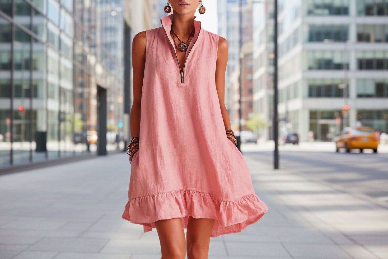 Women's casual loose sleeveless dress with half-zip and ruffle hem by FitiqueFit, shown on model with relaxed style and lightweight fabric.