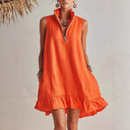 Women's casual loose half-zip sleeveless dress with ruffle hem by FitiqueFit, featuring a relaxed fit and stylish design.