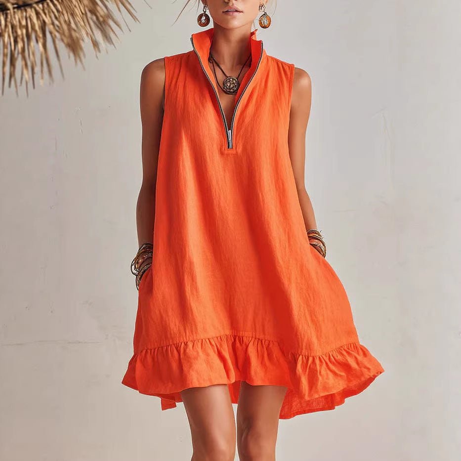 Women's casual loose half-zip sleeveless dress with ruffle hem by FitiqueFit, featuring a relaxed fit and stylish design.