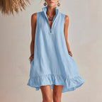 Women's casual FitiqueFit sleeveless half-zip dress with ruffle hem, loose fit and sleeveless design perfect for relaxed wear.