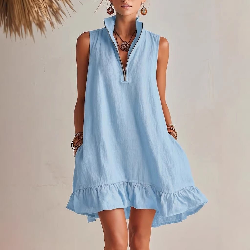 Women's casual FitiqueFit sleeveless half-zip dress with ruffle hem, loose fit and sleeveless design perfect for relaxed wear.