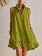 Women's casual loose half-zip sleeveless dress with ruffle hem by FitiqueFit, featuring a relaxed fit and stylish ruffle detail.