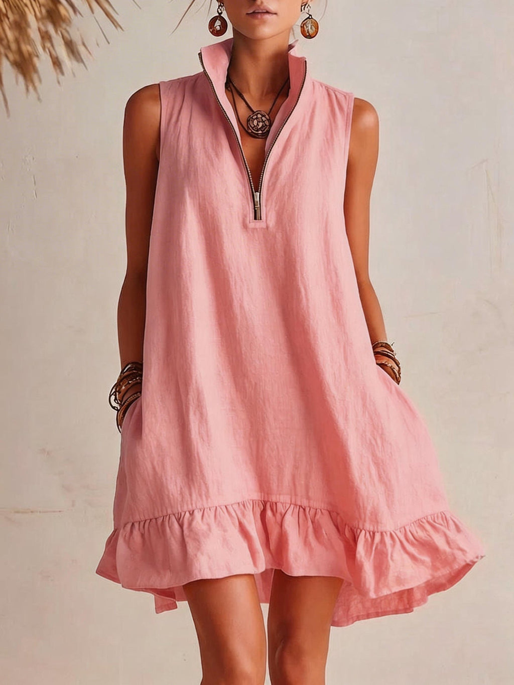 Women's casual loose fit sleeveless dress with half-zip, ruffle hem, from FitiqueFit, perfect for relaxed, stylish summer wear.