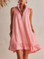 Women's casual loose fit sleeveless dress with half-zip, ruffle hem, from FitiqueFit, perfect for relaxed, stylish summer wear.