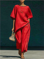Women's casual resort loose short-sleeve top and pants set by FitiqueFit, featuring a relaxed fit and comfortable fabric.