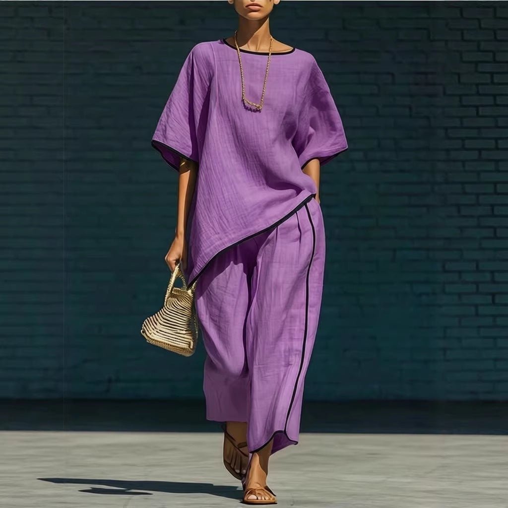 Women's casual resort loose short-sleeve top and pants set by FitiqueFit, featuring comfortable, relaxed fit fabric in a stylish design.