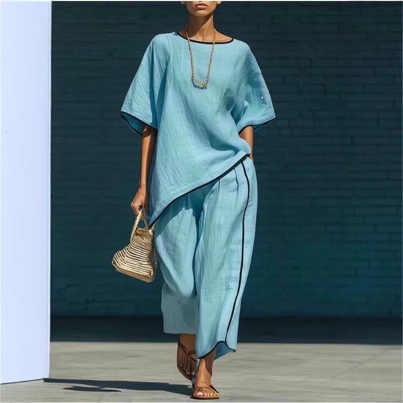 Women's casual resort loose short-sleeve top and pants set by FitiqueFit, featuring comfortable fabric and relaxed fit.