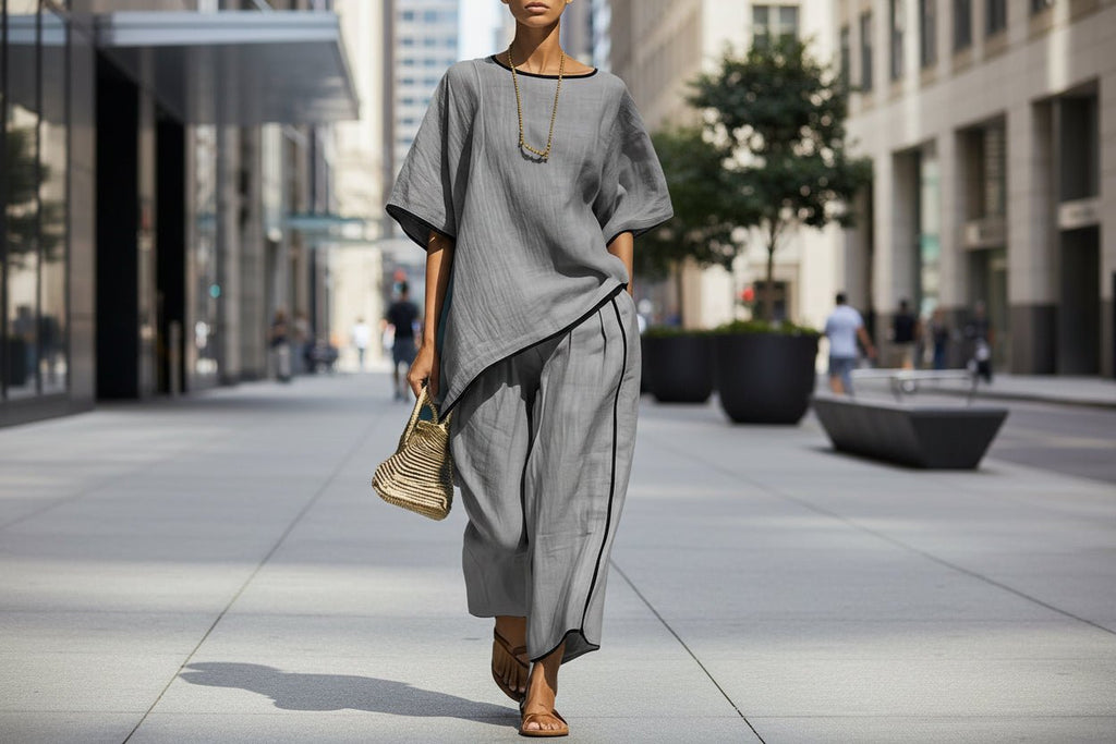 Women’s casual resort loose short-sleeve top and pants set by FitiqueFit, featuring comfortable, relaxed-fit fabric perfect for warm weather.