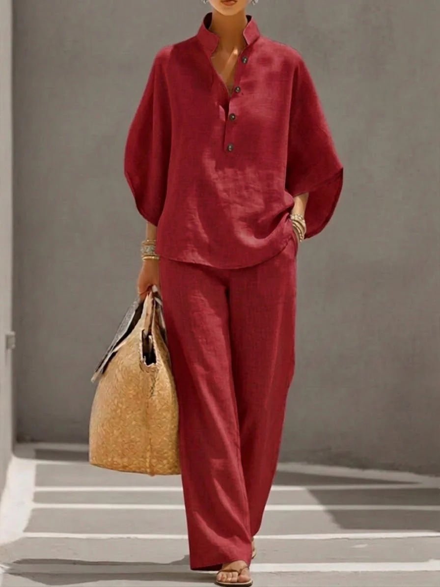Women’s casual shirt and full-length pants set by FitiqueFit, featuring a comfortable, stylish ensemble for everyday wear.