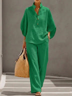 Women’s casual shirt and full-length pants set by FitiqueFit, featuring a relaxed fit, soft fabric, and stylish design.