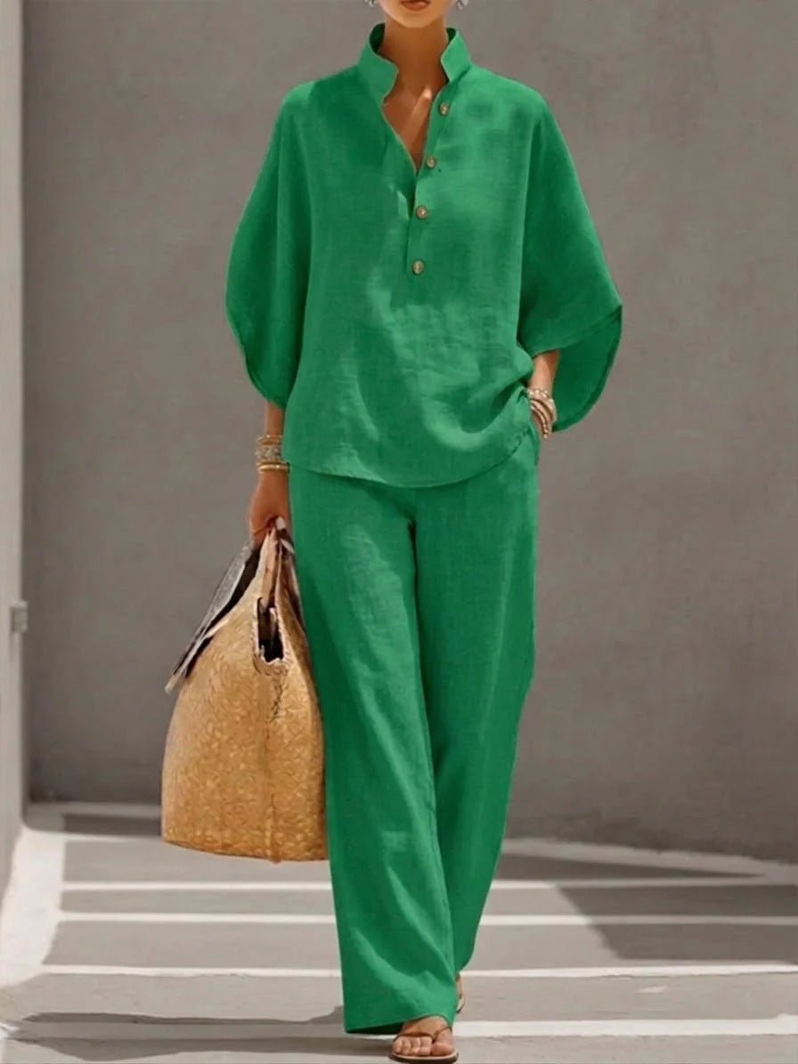 Women’s casual shirt and full-length pants set by FitiqueFit, featuring a relaxed fit, soft fabric, and stylish design.