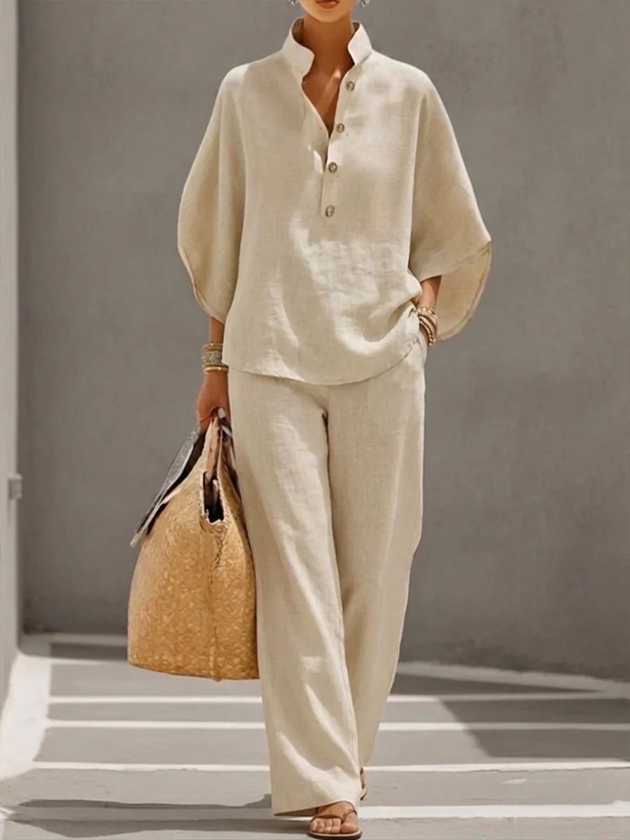 Women’s casual shirt and full-length pants set by FitiqueFit, featuring a relaxed fit and comfortable fabric for everyday wear.