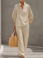 Women’s casual shirt and full-length pants set by FitiqueFit, featuring a relaxed fit and comfortable fabric for everyday wear.