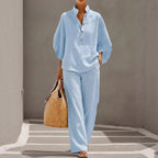 Women’s casual shirt and full-length pants set by FitiqueFit, featuring a relaxed fit and comfortable fabric for everyday wear.