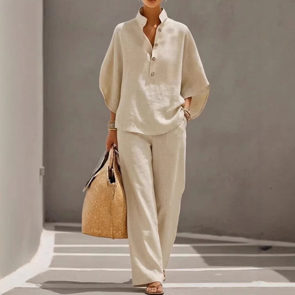 Women’s casual shirt and full-length pants set by FitiqueFit, featuring a comfortable, stylish two-piece outfit for everyday wear.