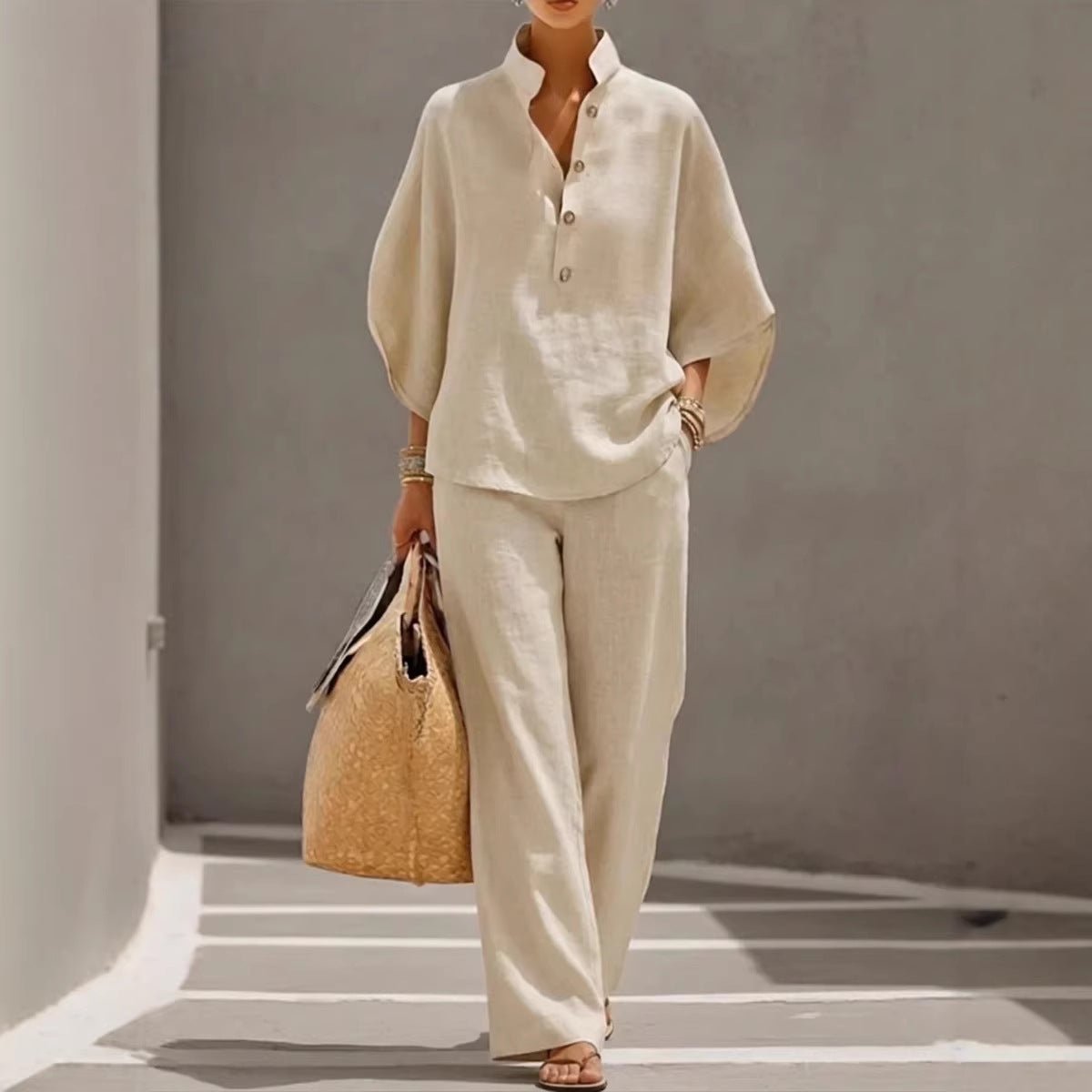 Women’s casual shirt and full-length pants set by FitiqueFit, featuring a comfortable, stylish two-piece outfit for everyday wear.