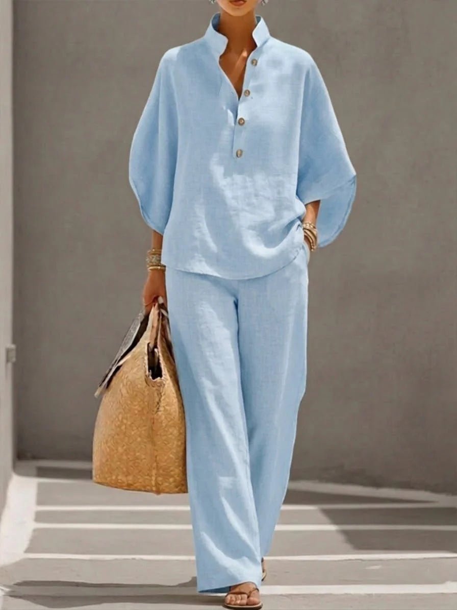 Women’s casual shirt and full-length pants set by FitiqueFit, featuring a comfortable, stylish outfit for everyday wear.
