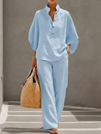 Women’s casual shirt and full-length pants set by FitiqueFit, featuring a comfortable, stylish outfit for everyday wear.