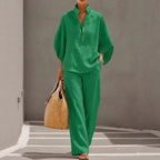 Women’s casual shirt and full-length pants set by FitiqueFit, featuring a stylish, comfortable outfit for everyday wear.