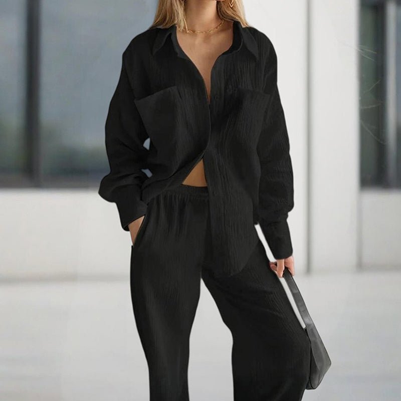Women’s casual solid color lounge set by FitiqueFit, featuring a relaxed fit top and matching comfortable pants.