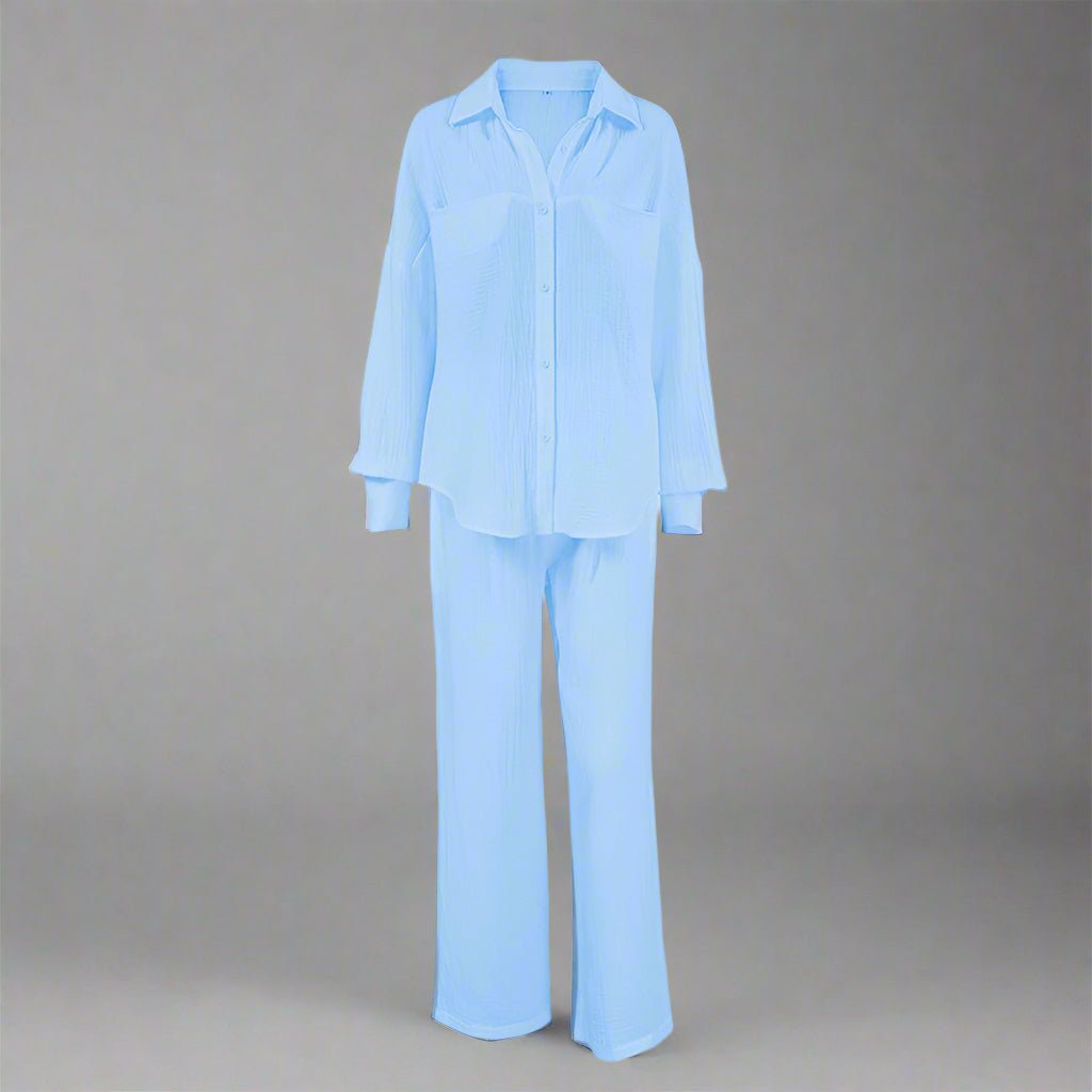 Women's casual solid color lounge set by FitiqueFit, featuring a relaxed fit with a comfortable top and matching pants.