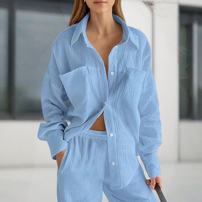 Women's casual solid color lounge set by FitiqueFit featuring a relaxed fit top and matching drawstring pants for comfortable wear.
