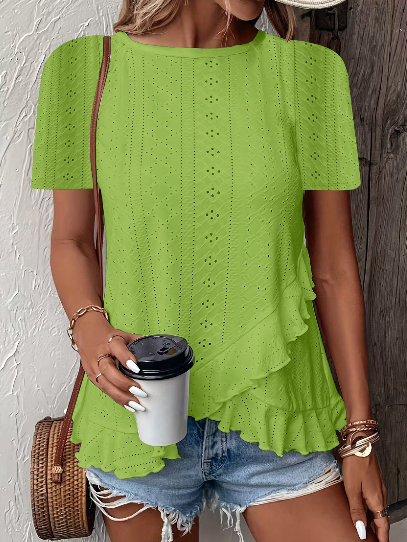 Women’s casual solid color short sleeve crew neck top by FitiqueFit, featuring a relaxed fit and classic crew neckline.