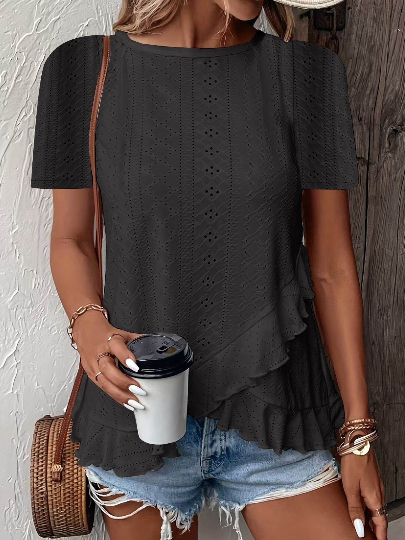 Women’s casual solid color short sleeve crew neck top by FitiqueFit, featuring a comfortable fit and classic design.