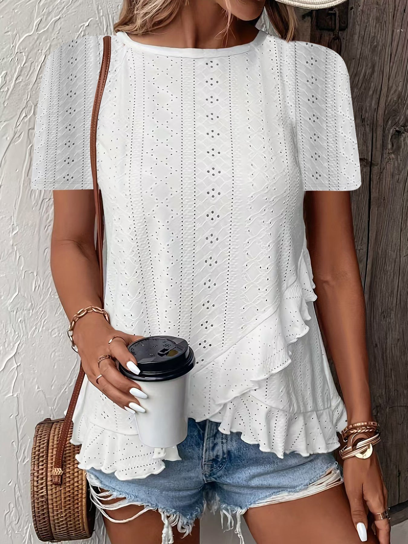 Women’s casual solid color short sleeve crew neck top by FitiqueFit, featuring a comfortable fit and classic design.