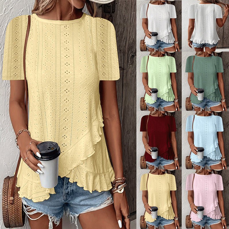 Women’s casual solid color short sleeve crew neck top by FitiqueFit, shown in a relaxed fit with a classic crew neckline.