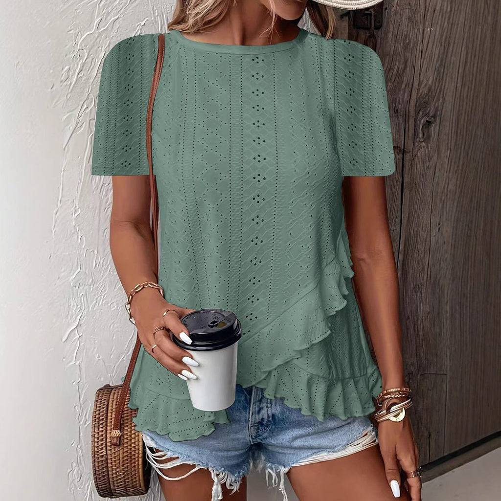 Women’s casual FitiqueFit solid color short sleeve crew neck top, lightweight and comfortable for everyday wear.