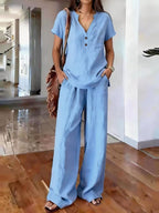 Women’s casual solid color two-piece set by FitiqueFit, featuring a relaxed top and matching pants, perfect for everyday wear.