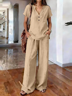 Women’s casual solid color two-piece set by FitiqueFit, featuring a relaxed top and matching pants for comfortable everyday wear.