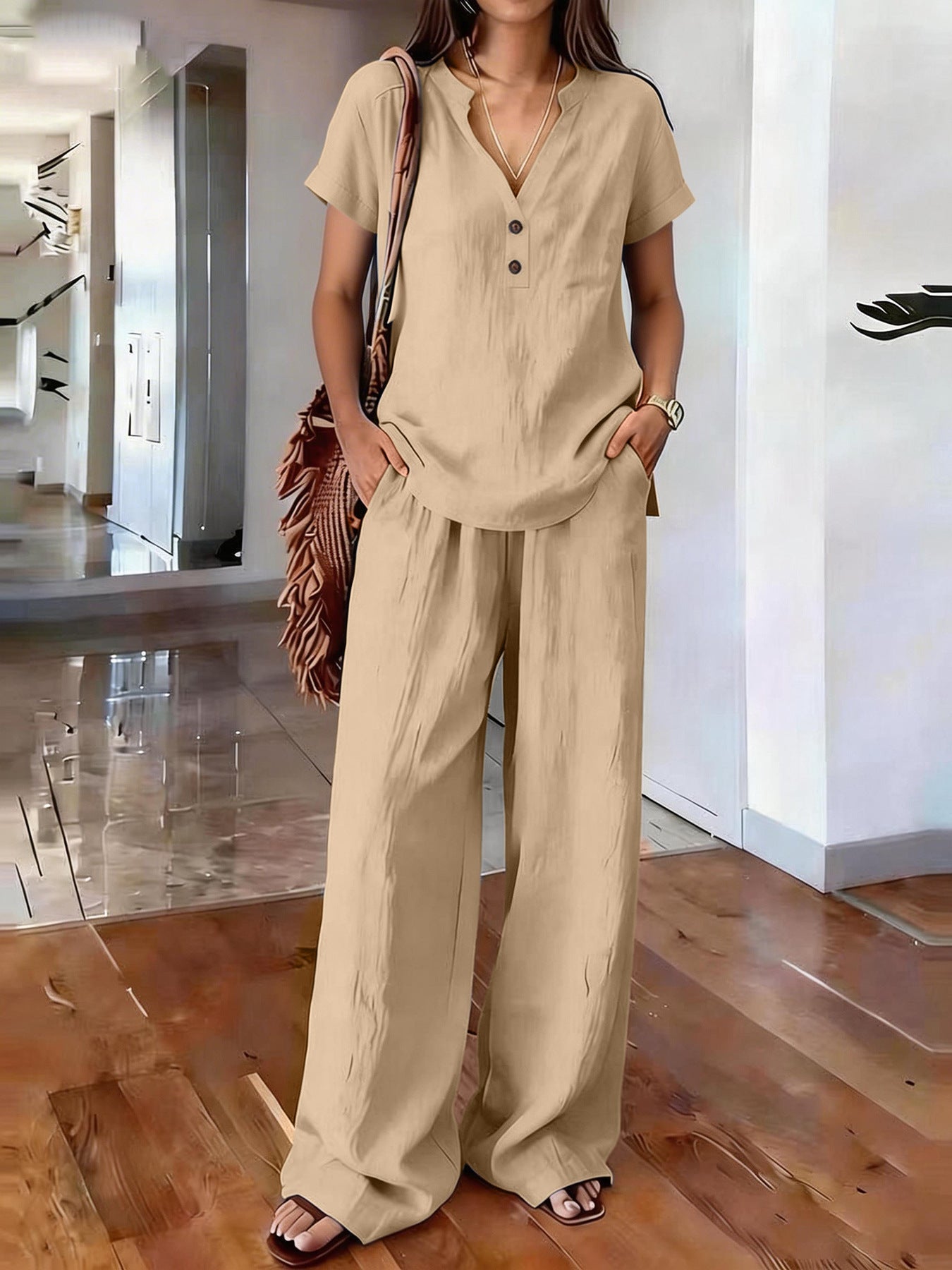Women’s casual solid color two-piece set by FitiqueFit, featuring a relaxed top and matching pants for comfortable everyday wear.